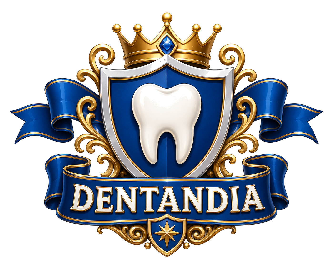 Stemma araldico di Dentandia: corona d'oro, scudo blu e dente bianco